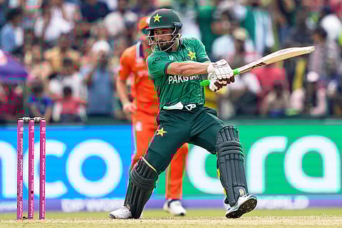 Pakistan's Sahibzada Farhan bats during the T20 World Cup cricket match between Netherlands and Pakistan in Colombo, Sri Lanka.