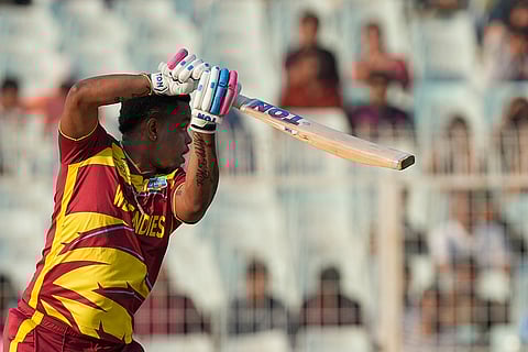 West Indies' Shimron Hetmyer plays a shot during the T20 World Cup cricket match between Scotland and West Indies in Kolkata.