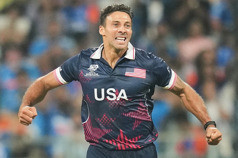 | Photo: AP/Rafiq Maqbool : United States' Shadley Van Schalkwyk India's Shivam Dube during the T20 World Cup cricket match between India and the United States in Mumbai.
