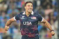 | Photo: AP/Rafiq Maqbool : United States' Shadley Van Schalkwyk India's Shivam Dube during the T20 World Cup cricket match between India and the United States in Mumbai.
