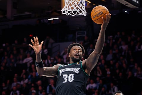 Minnesota Timberwolves forward Julius Randle (30) goes to the basket against the New Orleans Pelicans in the second quarter of an NBA basketball game in Minneapolis.