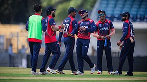 CricketNep/X : Nepal cricketers in action in ICC T20 World Cup 2026 warm-up fixture against Canada.