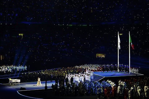 Cecilia Bartoli performs at the Olympic opening ceremony at the 2026 Winter Olympics in Milan, Italy.