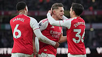Photo: AP : Arsenal players celebrate after Viktor Gyokeres' goal during the English Premier League match between Arsenal and Sunderland in London.