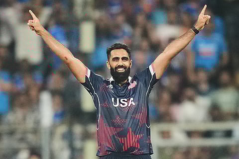 United States' Mohammad Mohsin celebrates the wicket of India's Rinku Singh during the T20 World Cup cricket match between India and the United States in Mumbai.