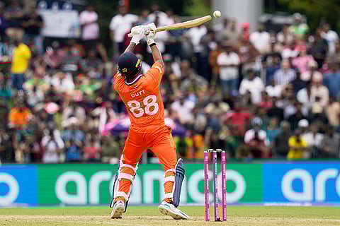 Netherlands' Aryan Dutt plays a shot during the T20 World Cup cricket match between Netherlands and Pakistan in Colombo, Sri Lanka.