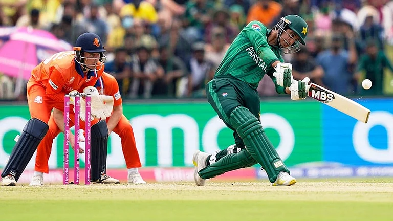 Pakistan's Saim Ayub plays a shot during the T20 World Cup cricket match between Netherlands and Pakistan in Colombo, Sri Lanka. - | Photo: AP/Eranga Jayawardena