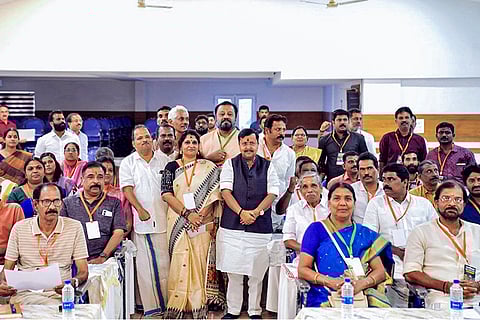 RSS chief Mohan Bhagwat in Mumbai
BJP National President Nitin Nabin poses for a group photo with Shakti Kendra in-charges and BJP workers during his visit, in Thrissur, Kerala. TI 