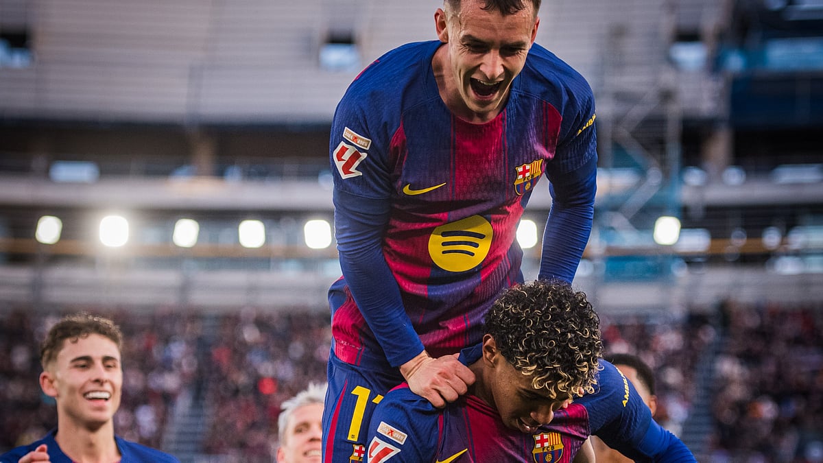 FCBarcelona/X : Lamine Yamal celebrating after scoring against Mallorca in La Liga 2025-26. 