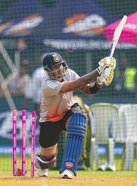 India's captain Suryakumar Yadav bats during a training session ahead of the ICC Men's T20 World Cup 2026 cricket match against USA, in Mumbai.