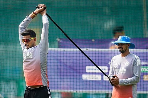 India's Axar Patel during a training session ahead of the ICC Men's T20 World Cup 2026 cricket match against USA, in Mumbai.