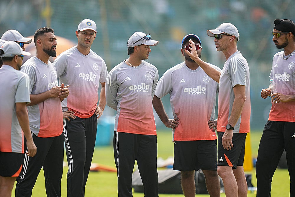 Indian players during a training session ahead of the ICC Men's T20 World Cup 2026 cricket match against USA, in Mumbai. - | Photo: PTI/Shashank Parade