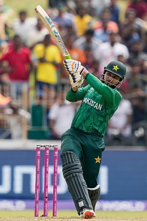 Pakistan's Faheem Ashraf plays a shot during the T20 World Cup cricket match between Netherlands and Pakistan in Colombo, Sri Lanka.