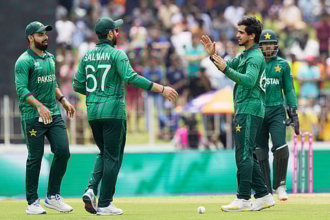 Pakistan's Saim Ayub, second right, celebrates with teammates the wicket of Netherlands' Zach Lion-Cachet during the T20 World Cup cricket match between Netherlands and Pakistan in Colombo, Sri Lanka.