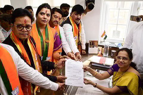 BJP leader Ritu Tawde, Mumbai mayoral candidate, and Shiv Sena leader Sanjay Shankar Ghadi, deputy mayoral candidate, file their nominations, in Mumbai. Shiv Sena's Rahul Shewale and others are also seen. 