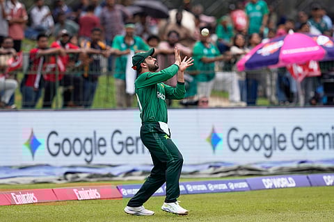 Pakistan's Sahibzada Farhan takes the catch to dismiss Netherlands' captain Scott Edwards during the T20 World Cup cricket match between Netherlands and Pakistan in Colombo, Sri Lanka.