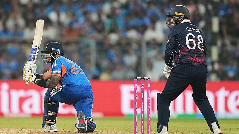 India's captain Suryakumar Yadav plays a shot during the T20 World Cup cricket match between India and the United States in Mumbai. - | Photo: AP/Rafiq Maqbool