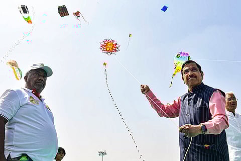 Union Minister Pralhad Joshi flies kites during the inauguration of the Hubballi International Kite Festival 2026 and Dharwad Sansad Krida Mahotsav, in Hubballi, Karnataka.