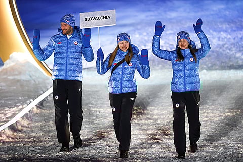 Athletes from Slovakia walk during the Olympic opening ceremony at the 2026 Winter Olympics, in Livigno, Italy.