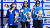 PV Sindhu Celebrates Meghana Sajjanar After Eight Months Pregnant Shooter Clinches Asian C'ship Medal X/NRAI : India's Meghana Sajjanar (right) and Elavenil Valarivan (centre) on the podium after bagging bronze and gold medals at the Asian Championship 2026's women’s 10m air rifle event.