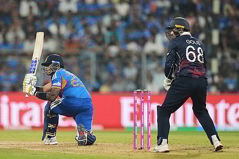 India's captain Suryakumar Yadav plays a shot during the T20 World Cup cricket match between India and the United States in Mumbai.