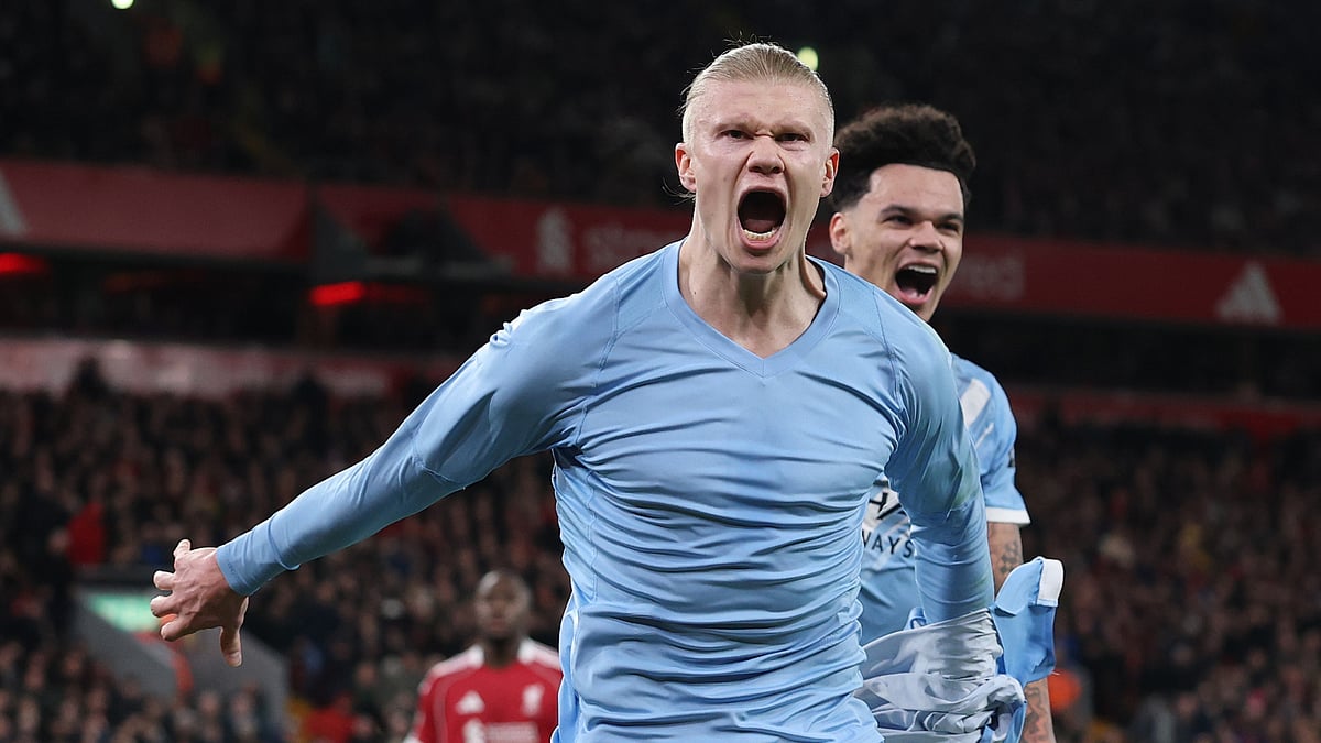 Manchester City's Erling Haaland celebrates his goal against Liverpool - null