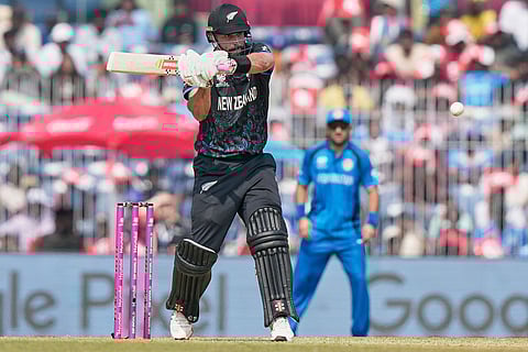 New Zealand's Daryl Mitchell plays a shot during the T20 World Cup cricket match between Afghanistan and New Zealand in Chennai, India.