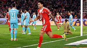 Luiz Diaz celebrates scoring his second as Bayern Munich thrash Hoffenheim 5-1.