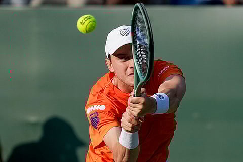 Bengaluru: Netherlands' Guy Den Ouden competes against India's Sumit Nagal, unseen, during the 2026 Davis Cup Qualifiers first round tie, in Bengaluru, Karnataka.
