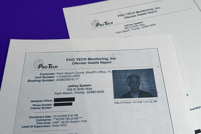 A document that was included in the U.S. Department of Justice release of the Jeffrey Epstein files, photographed Thursday, Feb. 5, 2026, shows a 2008 monitoring for Epstein - AP