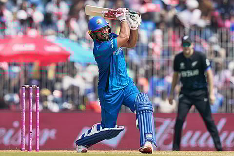Afghanistan's Gulbadin Naib plays a shot during the T20 World Cup cricket match between Afghanistan and New Zealand in Chennai, India.