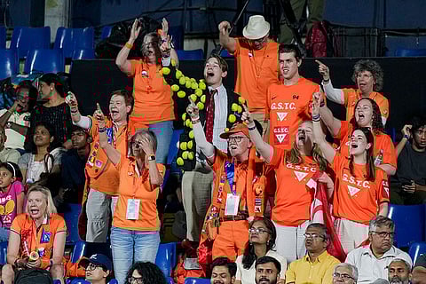 Netherlands' fans cheer during the first singles match of the 2026 Davis Cup Qualifiers first round tie between Netherlands' Guy Den Ouden and India's Sumit Nagal, at SM Krishna Tennis Stadium, in Bengaluru, Karnataka.
