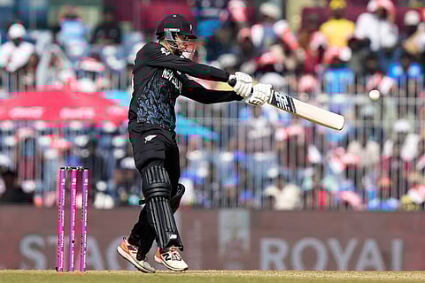 New Zealand's captain Mitchel Santner bats during the T20 World Cup cricket match between Afghanistan and New Zealand in Chennai, India.