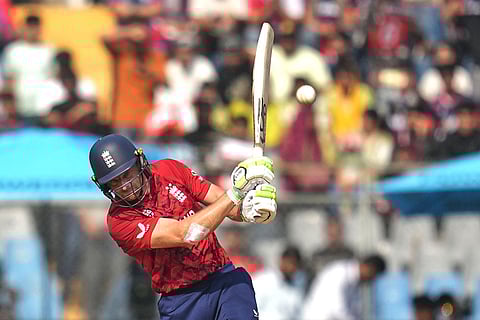England's Jos Buttler plays a shot during the T20 World Cup cricket match between England and Nepal in Mumbai, India.