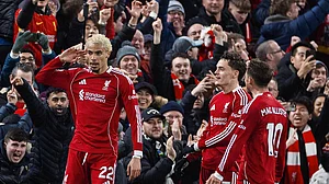 LFC/X : Liverpool footballers celebrating a goal during Premier League 2025-26 match against Newcastle United.
