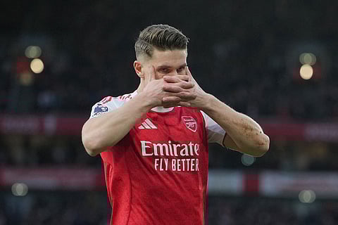 Arsenal's Viktor Gyoekeres reacts after scoring during the English Premier League soccer match between Arsenal and Sunderland in London, England.