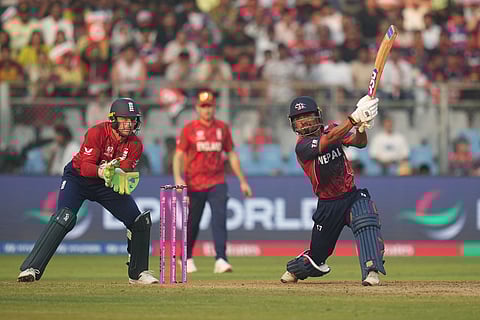 Nepal's captain Rohit Paudel plays a shot during the T20 World Cup cricket match between England and Nepal in Mumbai, India.