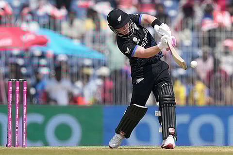 New Zealand's Tim Seifert plays a shot during the T20 World Cup cricket match between Afghanistan and New Zealand in Chennai, India.