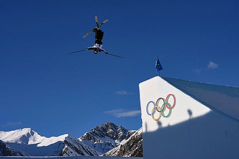 New Zealand's Lucas Ball competes during men's freestyle skiing slopestyle qualifications at the 2026 Winter Olympics, in Livigno, Italy.
