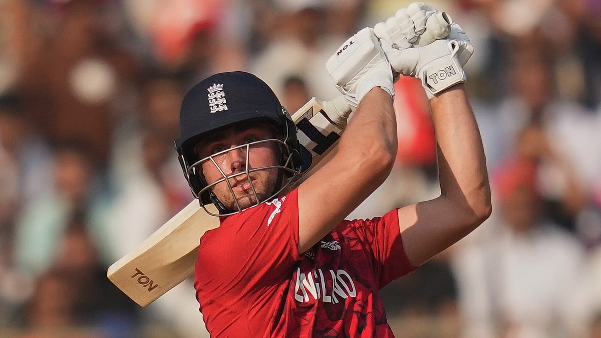 (AP Photo/Rafiq Maqbool) : England's Will Jacks hits a six during the T20 World Cup cricket match between England and Nepal in Mumbai, India, Sunday,Feb. 8, 2026