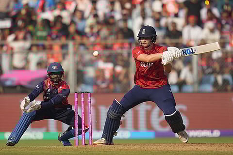 England's Will Jacks plays a shot during the T20 World Cup cricket match between England and Nepal in Mumbai, India.