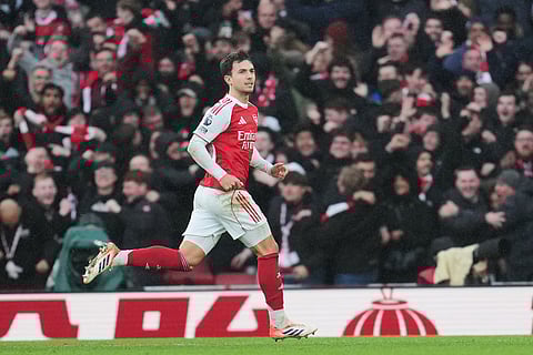 Arsenal's Martin Zubimendi celebrates after scoring during the English Premier League soccer match between Arsenal and Sunderland in London, England.