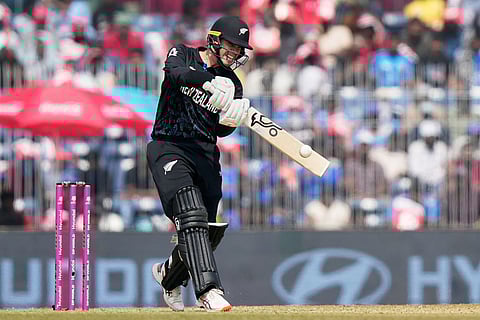New Zealand's Mark Chapman plays a shot during the T20 World Cup cricket match between Afghanistan and New Zealand in Chennai, India.