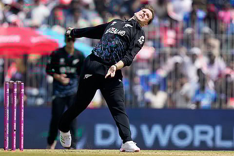 New Zealand's Lockie Ferguson bowls a delivery during the T20 World Cup cricket match between Afghanistan and New Zealand in Chennai, India.
