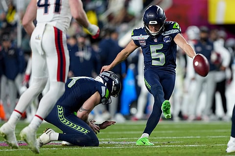 Seattle Seahawks kicker Jason Myers makes a 26-yard field goal during the second half of the NFL Super Bowl 60 football game against the New England Patriots, in Santa Clara, California.