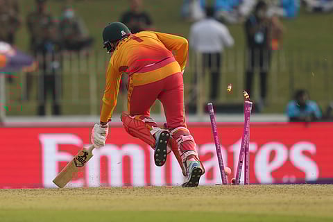 Zimbabwe's Brendan Taylor successfully reached during the T20 World Cup cricket match between Oman and Zimbabwe in Colombo, Sri Lanka.