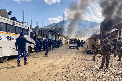 Security personnel deployed after suspected militants allegedly torched several houses, in Ukhrul district of Manipur.