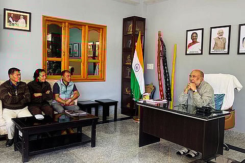 In this image posted on Feb. 8, 2026, former Manipur chief minister N Biren Singh during a meeting with representatives of the Meitei community from Churachandpur, in Imphal.