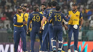| Photo: AP/Eranga Jayawardena : Sri Lanka's players celebrate after won the match during the T20 World Cup cricket match between Sri Lanka and Ireland in Colombo, Sri Lanka, Sunday, Feb. 8, 2026.