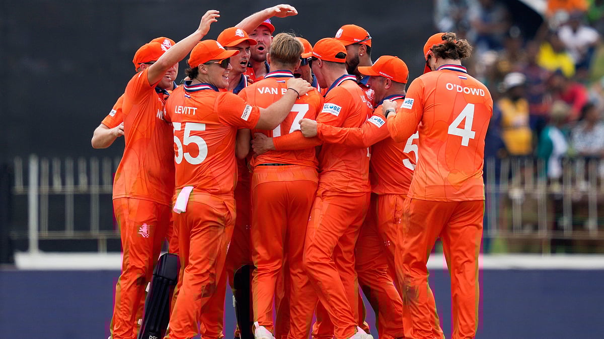 Netherlands' players celebrate the wicket of Pakistan's Shadab Khan during the T20 World Cup cricket match between Netherlands and Pakistan in Colombo, Sri Lanka, Saturday, Feb. 7, 2026.  - | Photo: AP/Eranga Jayawardena